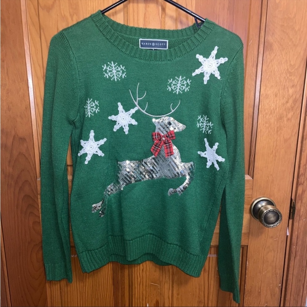 Karen Scott green reindeer Christmas sweater size small
